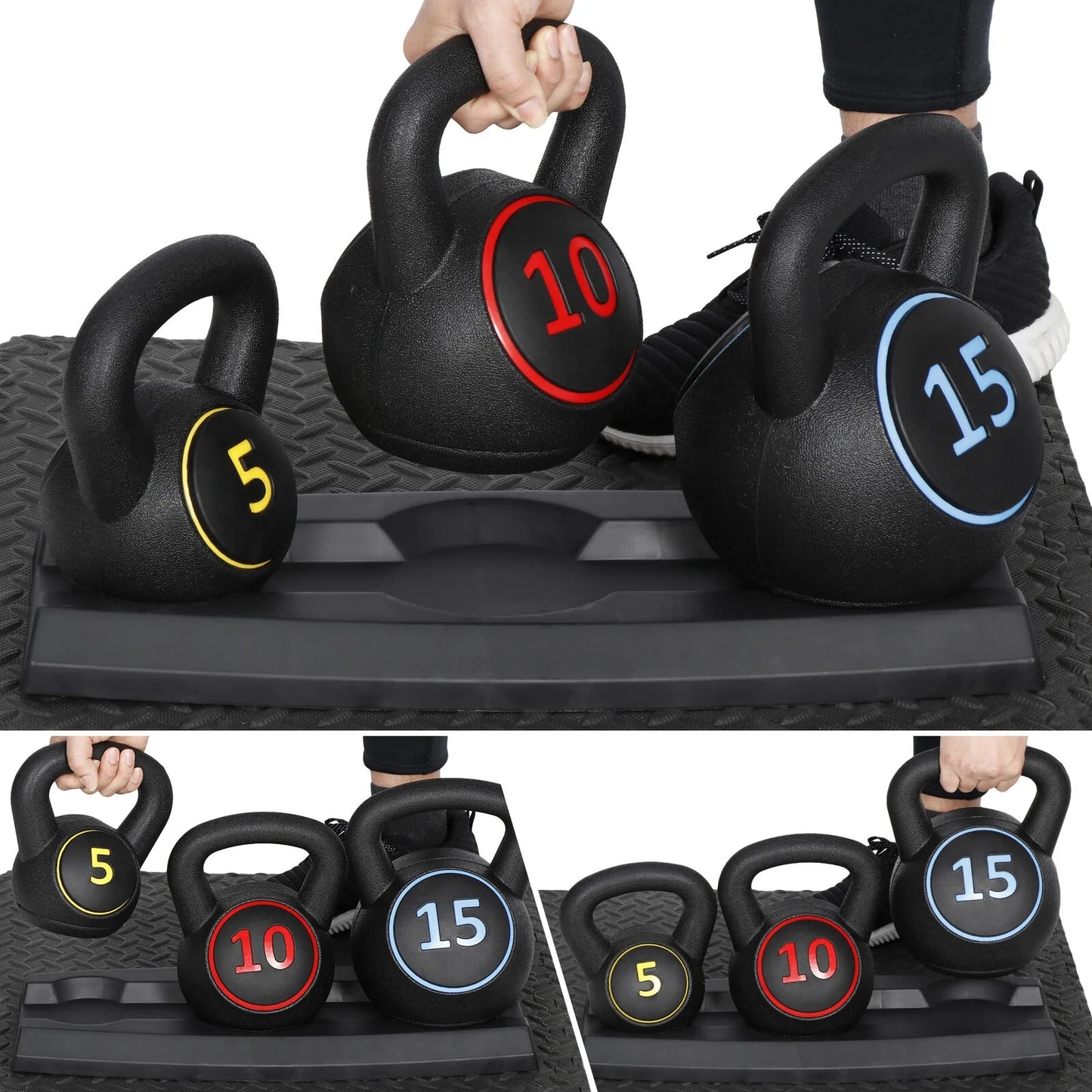 3-Piece Kettlebell Set with Storage Rack Home Gym Exercise Fitness Weights